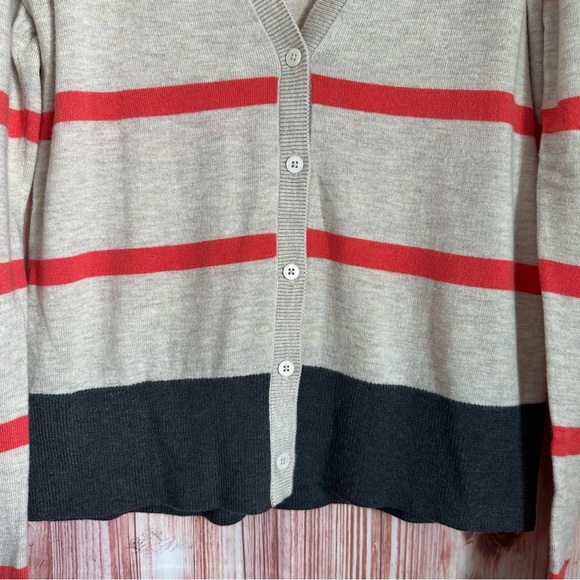 Gap Oatmeal Beige Wool Blend Orange Stripe Gray Colorblock V Neck Cardigan Sz M - Picture 4 of 11